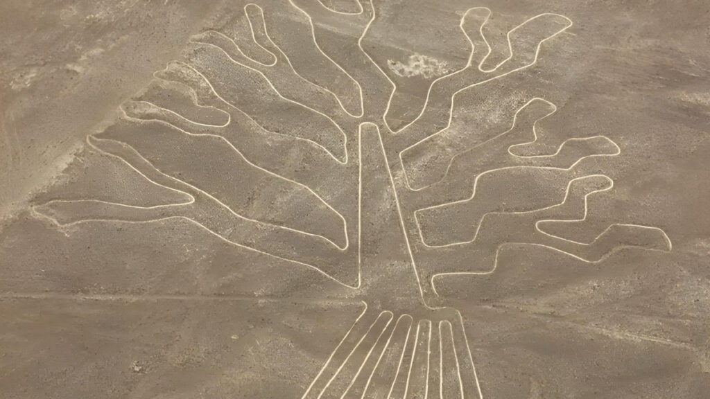Aerial drone photograph of newly discovered Nazca geoglyphs showing relief-type figures (approximately 9 meters each) depicting humanoid and animal motifs arranged near ancient footpaths in the Nazca Desert, Peru